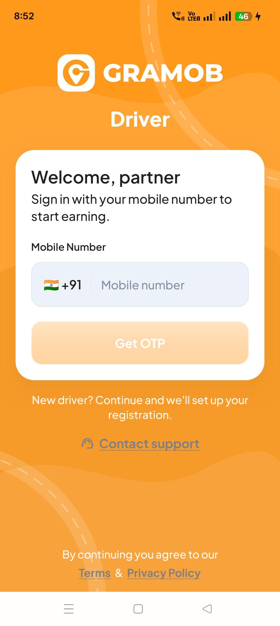 The Gramob Driver sign-in screen