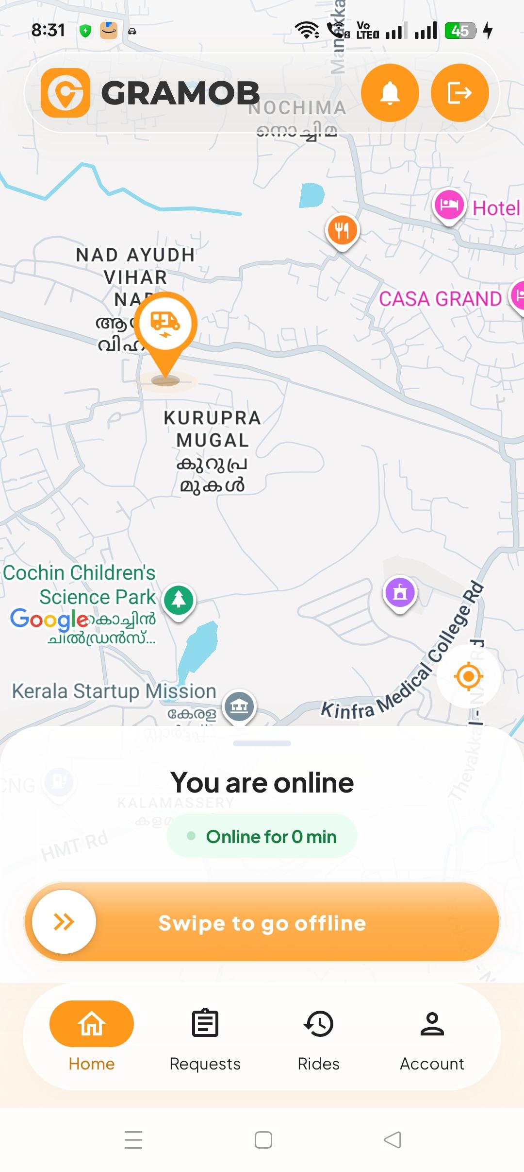 The Gramob Driver dashboard: online on the map, with a swipe control to go offline