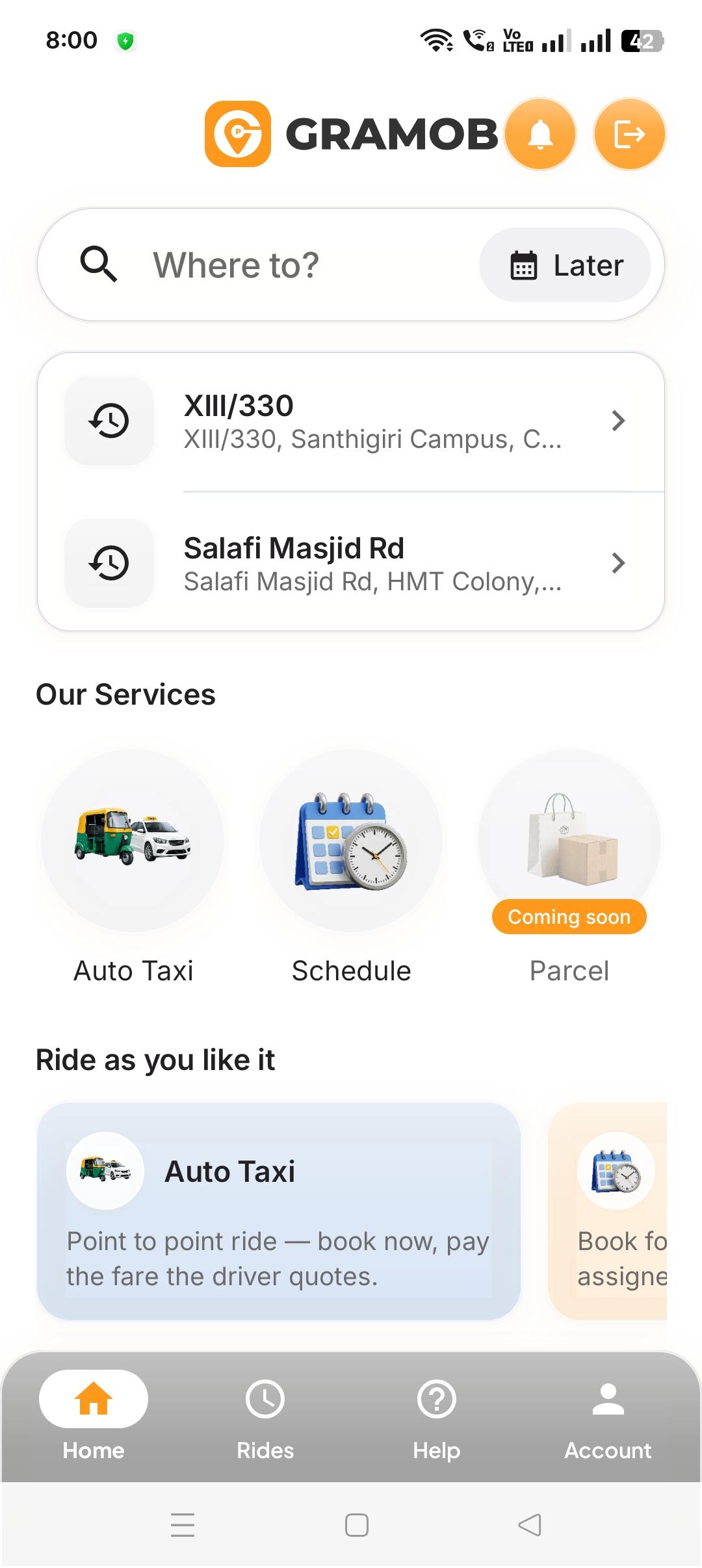 The Gramob passenger app: search a destination, then pick Auto Taxi or Schedule